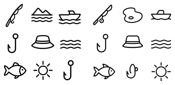 Fishing icons with rod boat hat outline minimal