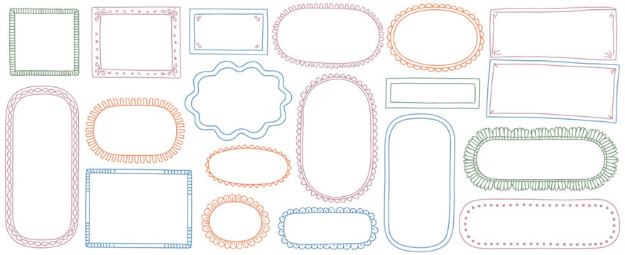 Doodle coastal frame set, hand drawn colorful border collection minimal square arch rectangle shapes kit retro banner poster placard decor