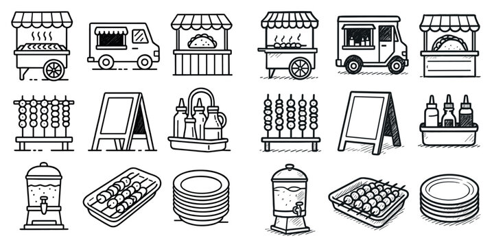 Street food icons with food truck taco cart outline style