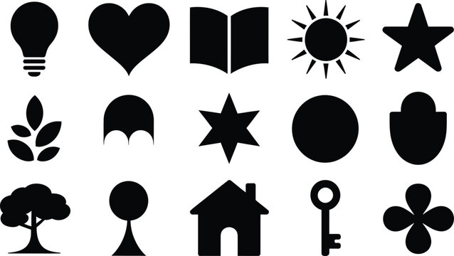 Collection of Black Icons and Symbols on White Background: Lightbulb, Heart, Book, Sun, Star, Tree, House, Key