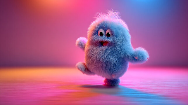A cute cartoon monster with fuzzy fur and big eyes standing on a colorful background with pink and blue lights