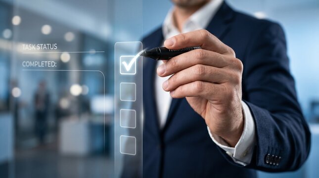 Strategic Progress: A focused professional in a sharp suit meticulously checks off a task on a futuristic digital interface, symbolizing precision, control, and the seamless execution of plans.