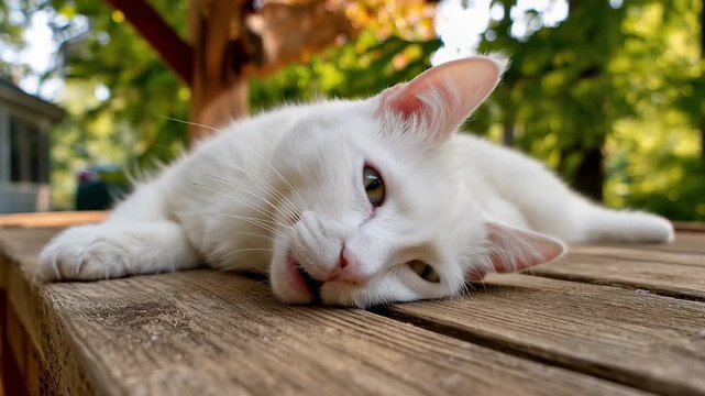 White cat lays on wooden table in a green garden on a sunny day enjoying the warm weather while resting peacefully