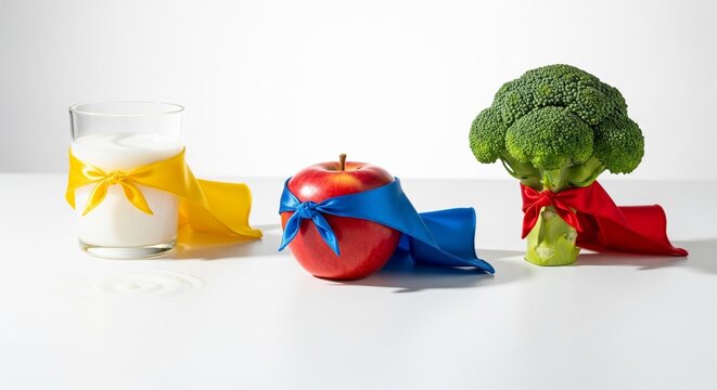 A glass of milk, a red apple, and a head of broccoli wearing colorful superhero capes, symbolizing healthy nutrition for kids.
