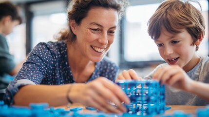 Fototapeta premium Woman and Child Engaging in DIY Activity at Table