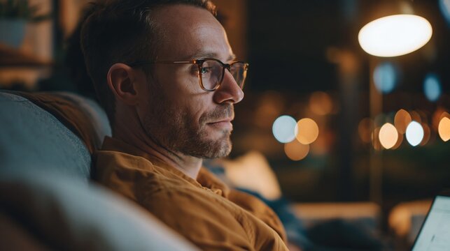 Man Sitting in Living Room, Looking at Laptop with Glasses