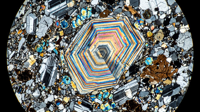 Igneous Thin Section Under Crossed Polars with Zoned Feldspar