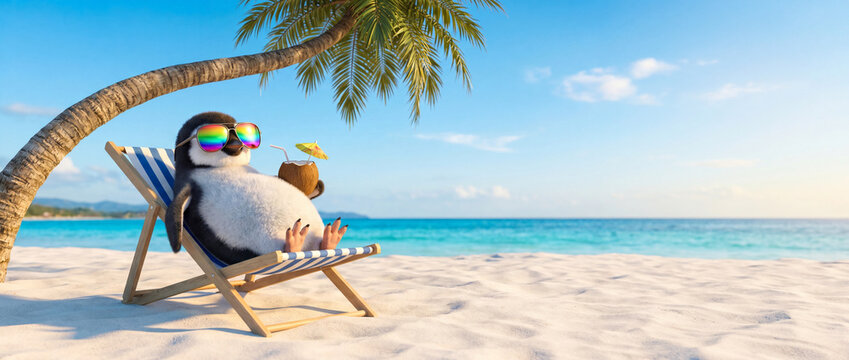 Cute anthropomorphic penguin character relaxing on beach chair with coconut cocktail, summer vacation concept, funny 3D illustration, sunglasses, tropical paradise