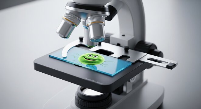 A close-up shot of a modern microscope stage. The slide displays a green microorganism with a happy face, suggesting a concept for education or friendly science.