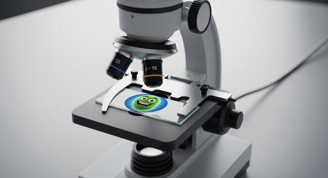 A white professional microscope focusing on a glass slide. On the slide is a bright green, stylized illustration of a virus or bacteria cell.
