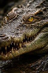 Fototapeta premium Apex Predator Gaze: A close-up view captures the intense stare of a crocodile, showcasing its textured skin, powerful jaws, and sharp teeth.