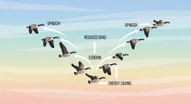Canada geese flying in a V-formation showing aerodynamic upwash and energy saving principles in a scientific educational vector illustration graphic
