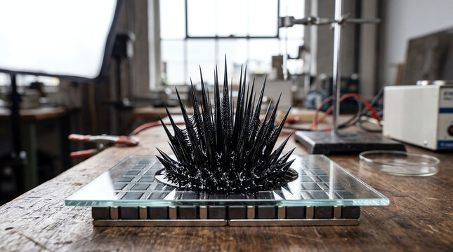 Ferrofluid Forming Geometric Spikes Over Neodymium Magnet Array