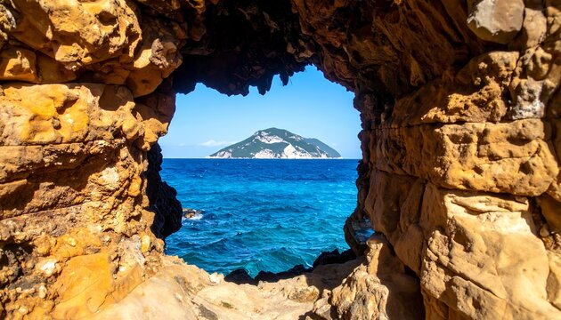 Island seen through a hole in rocks. Turquoise sea and clear sky. Beautiful!