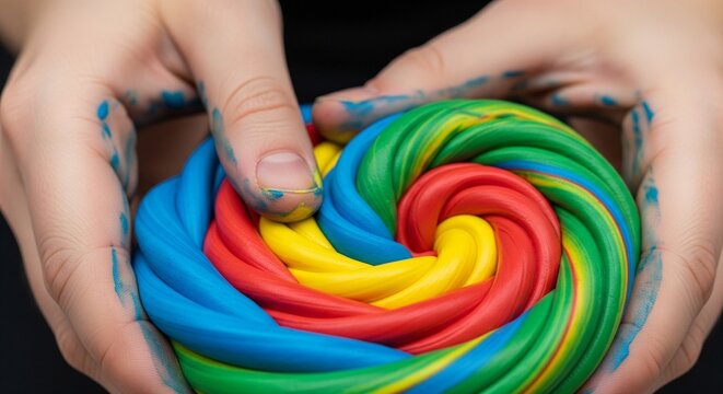 Two hands holding and shaping a vibrant swirl of red, blue, yellow, and green modeling clay or play dough.