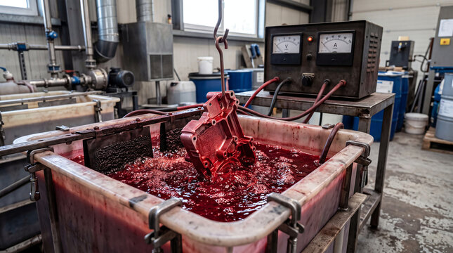 Aluminum Part in Red Anodizing Dye Bath with DC Rectifier