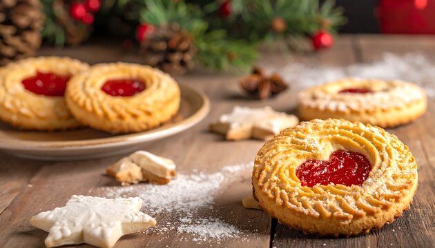 Jam-filled cookies on rustic wood, star cookies, pine, berries. Winter holiday vibe