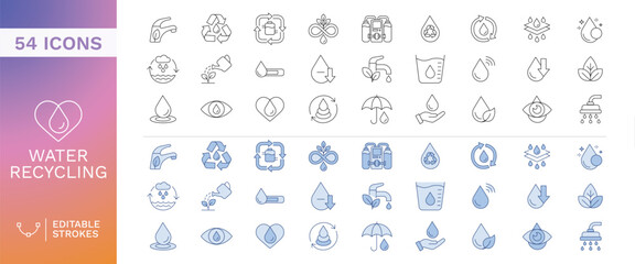 Water Recycling and Sustainability Outline Icons Set featuring Eco Friendly Plumbing, Rainwater Harvesting, Filtration, and Resource Conservation Editable Stroke Vector Collection © Designbykahoot
