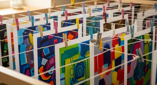 Rows of bright modern paintings attached with clothespins to a drying line in an art studio.