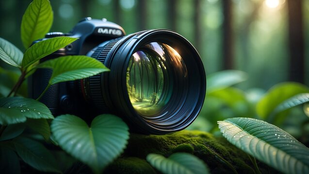 Professional camera lens in lush green foliage with dappled sunlight in a forest setting