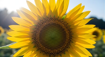 Fototapeta premium Close up view of a bright yellow sunflower blooming in a summer field