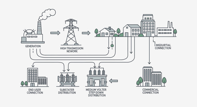 Diagram illustrating the complete electricity generation, high transmission network, and distribution process to residential, commercial, and industrial end-users.