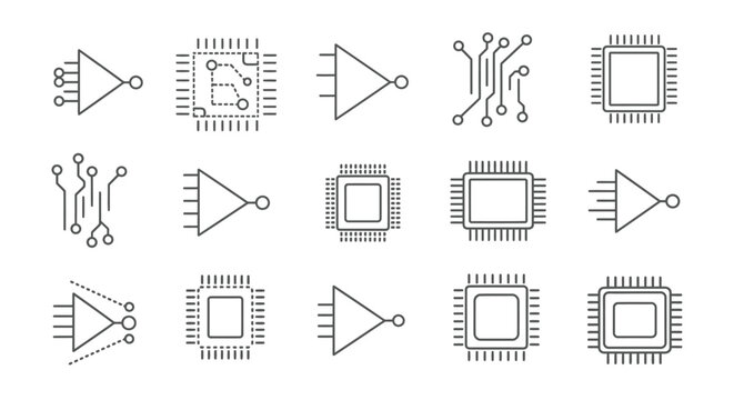 Set of line art icons depicting electronic components such as microchips, integrated circuits, and logic gates, illustrating technology and computing.