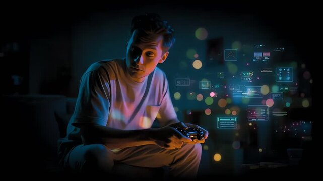 young man playing video games with futuristic blue holographic interface and digital symbols