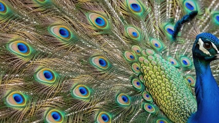 Obraz premium A vibrant peacock displaying its colorful feathers and stunning plumage in full display.