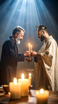 Solemn scene depicting the anointing of a king amidst candlelight glow and spiritual reverence