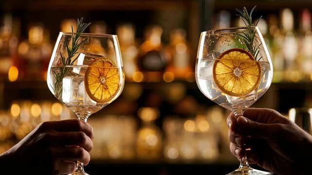 Slow motion footage of two people clinking glasses of gin and tonic cocktails garnished with dried orange and rosemary in a dark luxury bar with warm golden bokeh background.