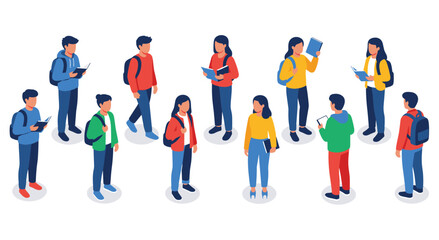 Fototapeta premium Set of students engaged in reading and learning activities. diverse group of young individuals holding books, backpacks, and tablets, representing education and academic pursuits.