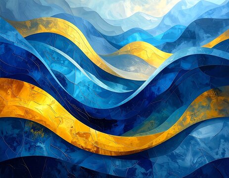 An abstract image features undulating waves of vibrant blues and golds, layered to create a sense of depth and movement