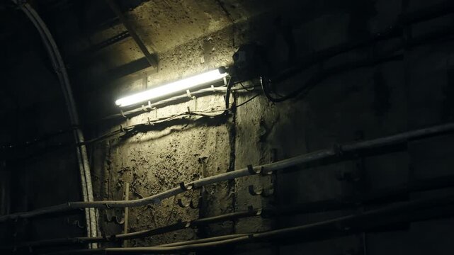 Dimly lit underground utility tunnel with exposed cables, pipes, and conduits along a rough concrete wall, illuminated by fluorescent tube lights casting moody shadows