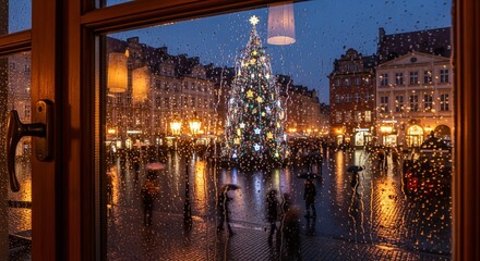 Fototapeta premium A view through a raindrop-covered window looking out at a grand city square. A tall, magnificent Christmas tree is illuminated in the center, surrounded by historic buildings.