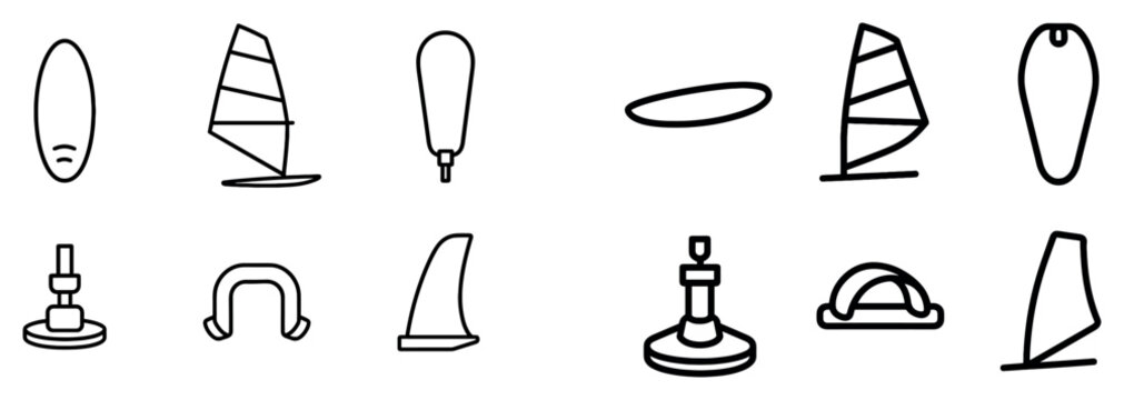 Water sports icons with board sail fin outline