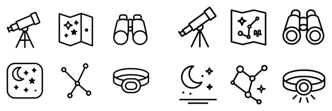 Astronomy icons with telescope map and binoculars outline