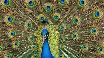 Obraz premium A vibrant peacock displays its stunning colorful feathers and impressive tail