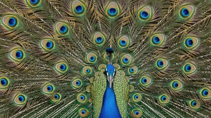 Obraz premium A vibrant peacock spreads its colorful feathers in a stunning display