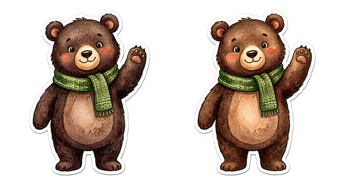 Cute Brown Bears Waving with Green Scarves Sticker Illustration Set