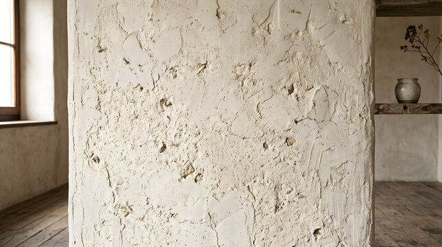 Limewash Wall: High-resolution texture of an imperfect limewash wall, "plaster and stone" trend, "unbleached" naturals, soft side light.