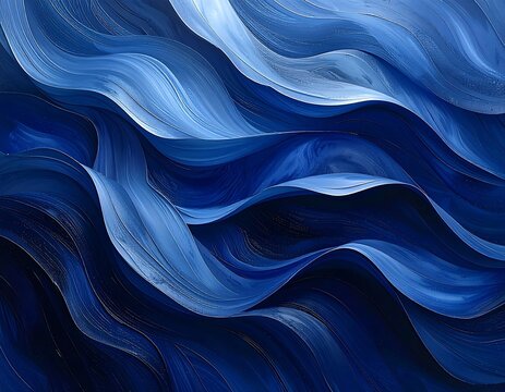 An abstract image featuring flowing, layered waves in various shades of blue. Delicate gold lines trace the contours, adding depth