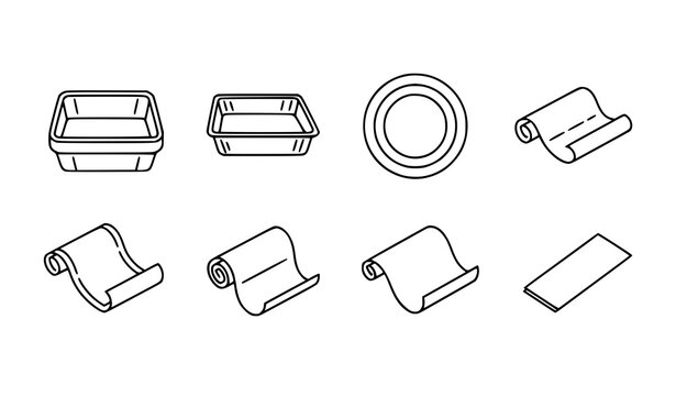Aluminium foil cooking collection icons set vector thin line container plate roll and strip kitchen material illustration isolated white background