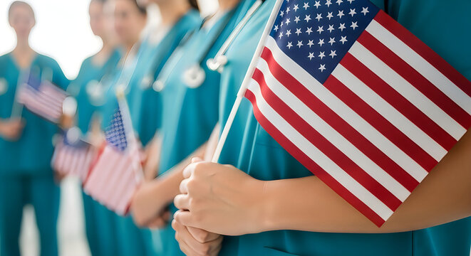 Honoring flag day patriotic healthcare workers with american flags in a united display