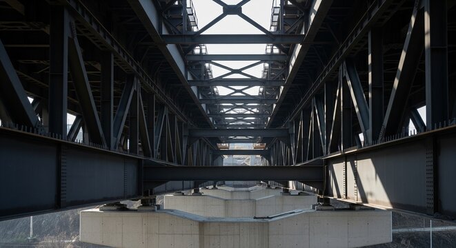 A symmetrical view looking up into the complex metal framework and geometric patterns of a large bridge.