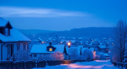 Obraz premium Quiet Winter Village Illuminated During Blue Hour