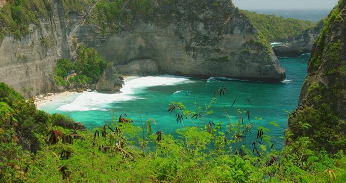 Stunning landscape of Diamond Beach with white sand and blue ocean waves in Nusa Penida Bali Indonesia