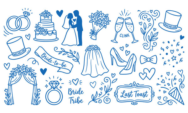 Wedding celebration doodle set featuring engagement rings cake bride groom.
