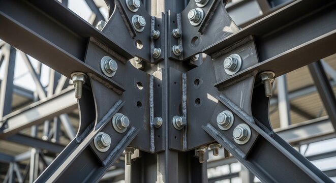 A detailed view of an industrial metal frame joined together by heavy-duty bolts. The gray painted steel shows the skeleton of a modern construction project.