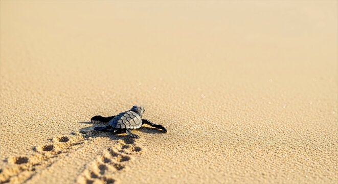 Tiny sea turtle hatchling's courageous first steps on the sandy beach towards its ocean freedom